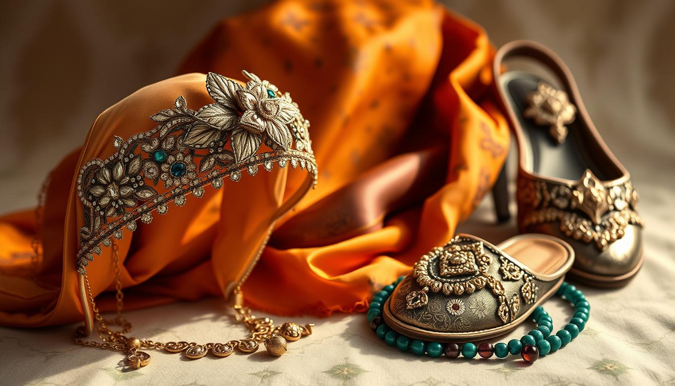 A still life of luxurious Moroccan bridal accessories, meticulously crafted with intricate embroidery, gleaming metallic accents, and vibrant jewel-toned fabrics. In the foreground, a bejeweled headpiece adorned with delicate floral motifs, casting a warm glow under soft, directional lighting. In the middle ground, a silk scarf in rich saffron hues, intricately patterned with traditional Berber designs. In the background, a pair of ornate, gold-embroidered slippers and a beaded necklace in shades of emerald and amethyst, capturing the opulent elegance of Moroccan bridal style. The overall scene exudes an air of refined sophistication and cultural heritage.