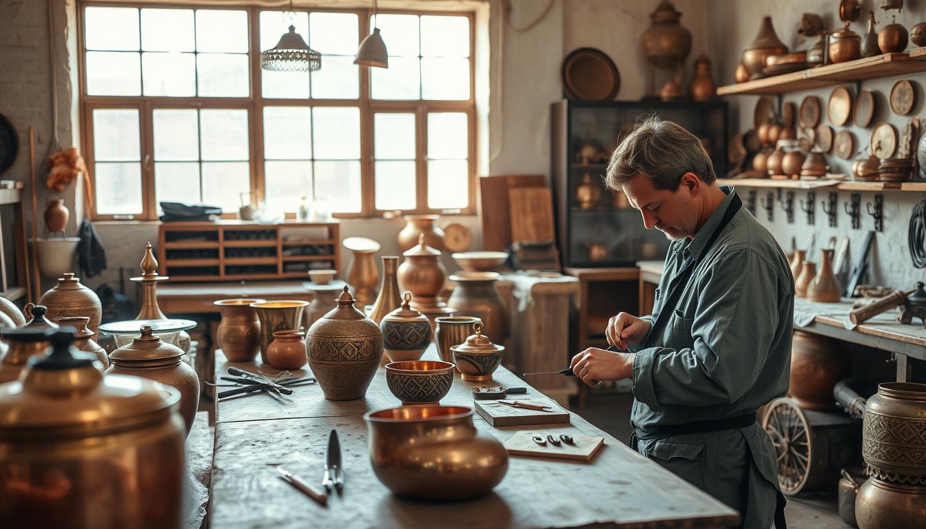 Modern Moroccan copper workshop combining traditional techniques with contemporary designs