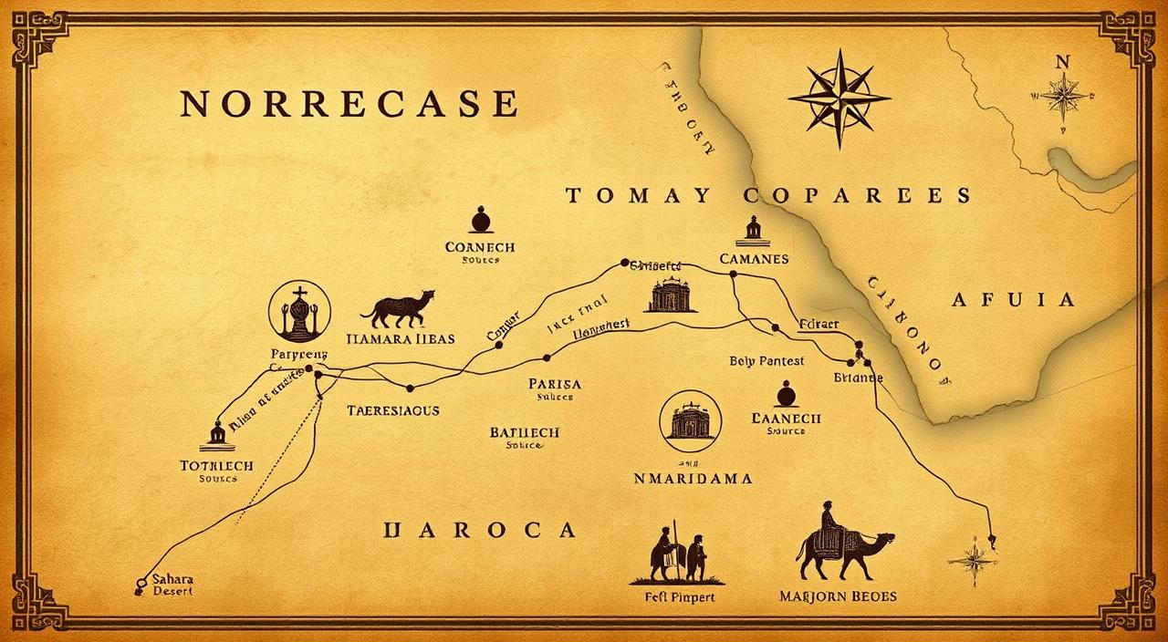 Historical map showing ancient trade routes through Morocco with copper sources highlighted