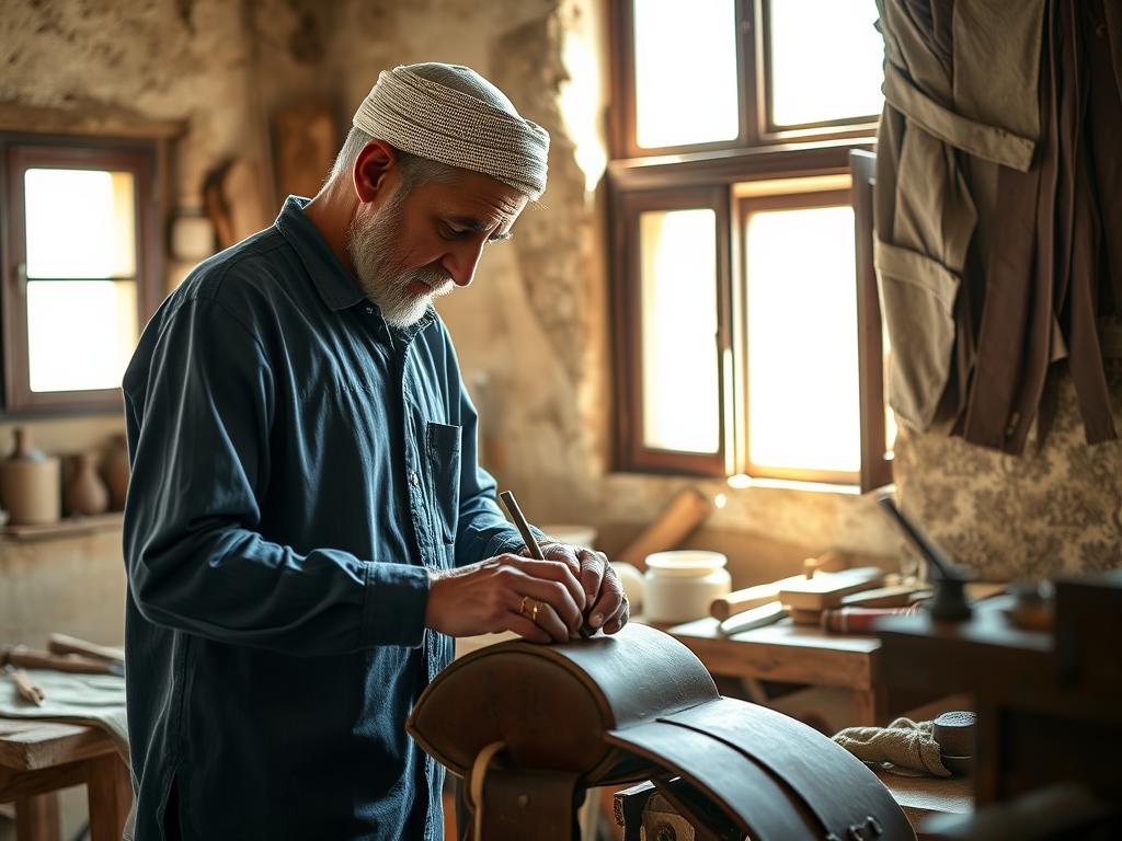 Young apprentice learning traditional saddle-making techniques from a master craftsman in a Moroccan workshop