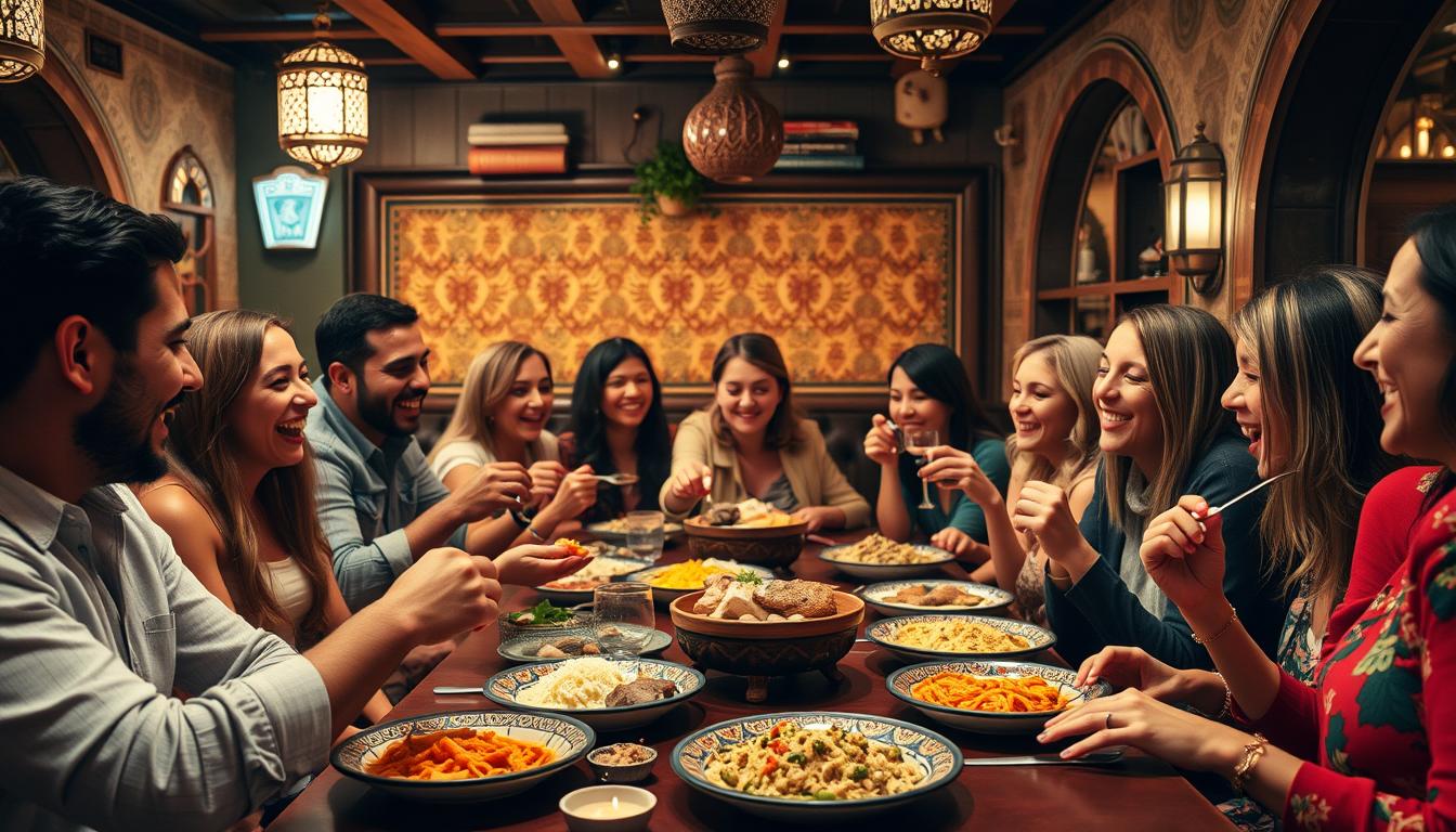 Diverse group enjoying a festive Moroccan meal at one of the best Moroccan restaurants in New York