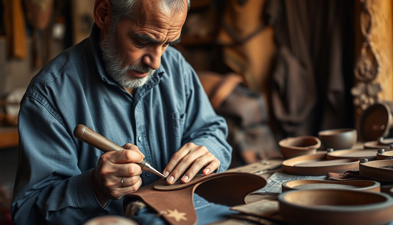 Moroccan artisan demonstrating traditional leatherworking techniques for horse gear