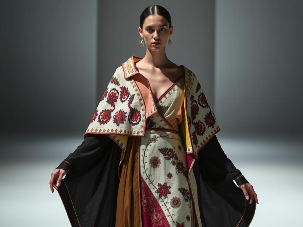 Fadila El Gadi's avant-garde caftan design featuring experimental structure and traditional embroidery techniques
