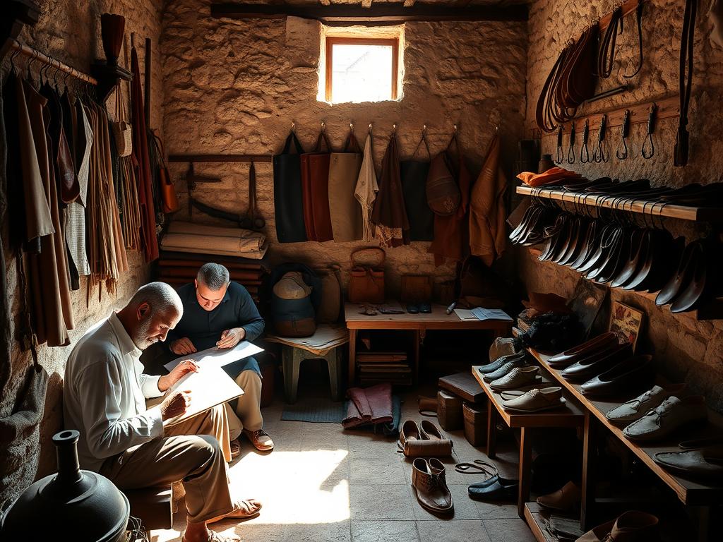 Authentic leather workshop in the Fez medina showing craftsmen at work