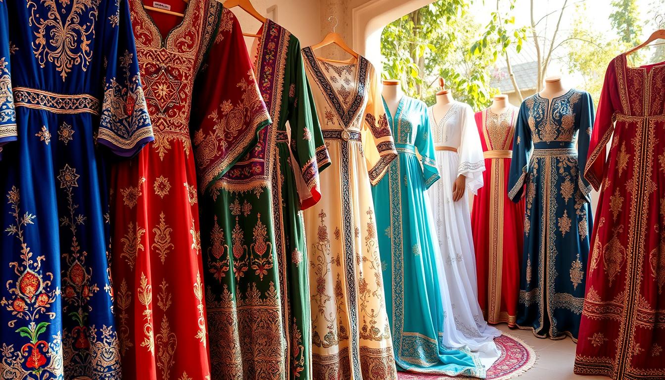 A stunning array of traditional Moroccan caftan designs, meticulously detailed and draped with intricate embroidery, vibrant patterns, and shimmering metallic accents. The foreground showcases a mesmerizing selection of caftans in rich jewel tones, with delicate floral motifs, ornate trims, and graceful silhouettes. In the middle ground, complementary takchita garments feature ornate embellishments and regal, flowing lines. The background suggests a serene, sun-dappled setting, evoking the warmth and elegance of a Moroccan wedding celebration. Soft, diffused lighting accentuates the luxurious textures and vibrant hues, creating an image of timeless Moroccan bridal fashion.