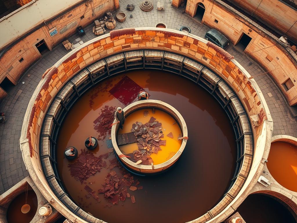 Traditional leather tanning pits in Fez where materials for Moroccan traditional horse and rider supplies are prepared