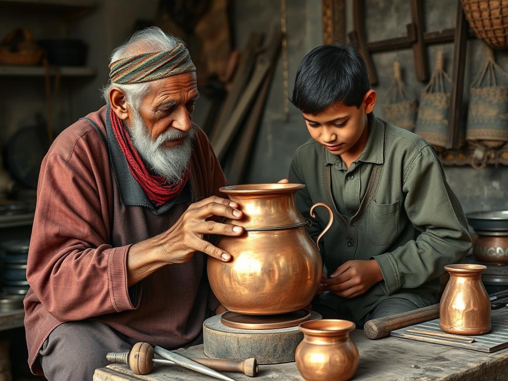 Elderly Moroccan copper artisan teaching young apprentice traditional techniques
