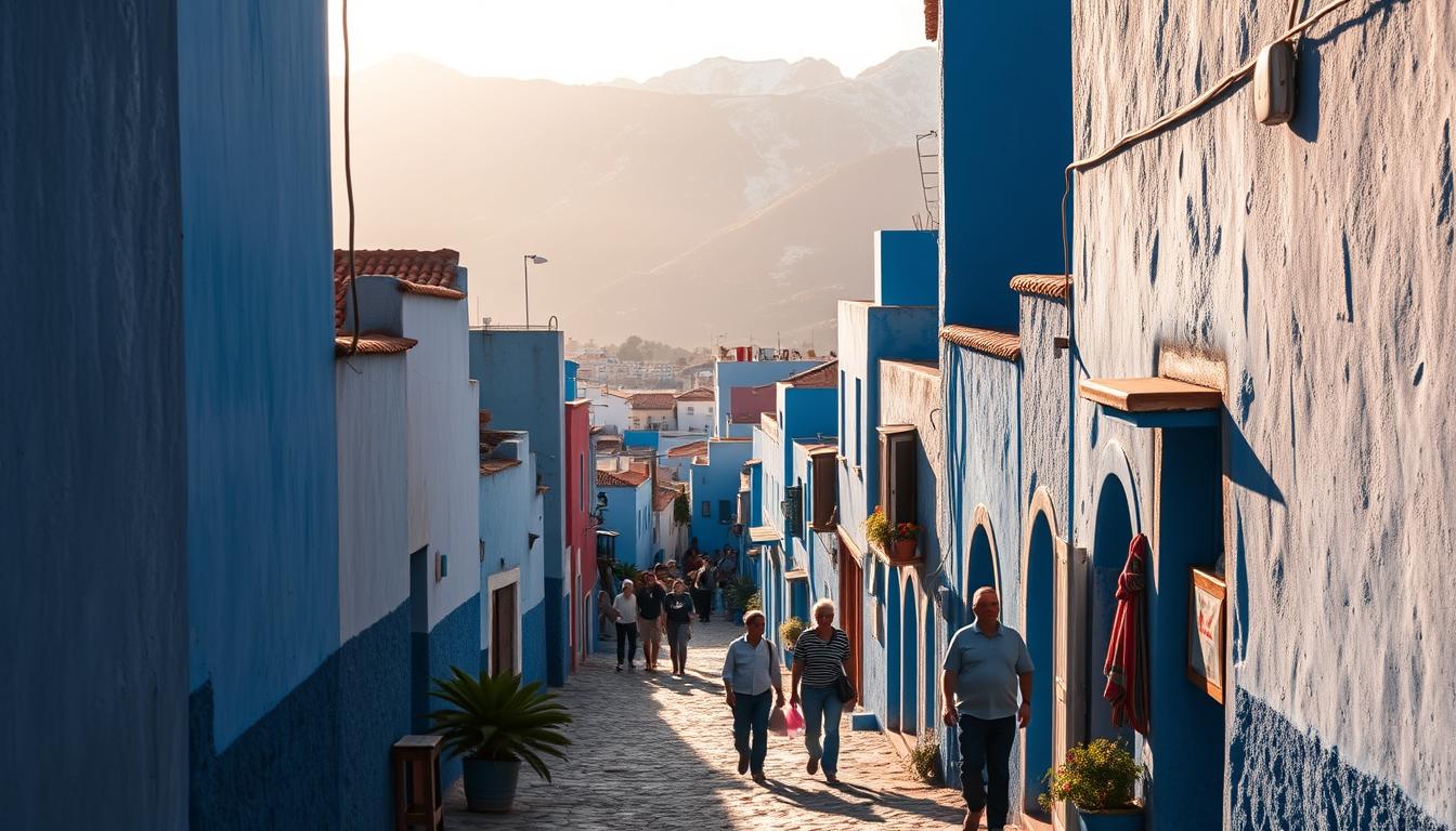 A picturesque scene of Chefchaouen, the "Blue City" of Morocco. In the foreground, narrow alleyways wind between vibrant blue-painted buildings, their walls casting soft, warm shadows. In the middle ground, locals and tourists stroll leisurely, taking in the charming atmosphere. The background showcases the rugged Rif Mountains, their peaks capped with a dusting of snow. Diffused, golden-hour sunlight bathes the entire scene, creating a dreamlike, serene ambiance. Photographers can capture the essence of this Instagrammable Moroccan destination through a wide-angle lens, utilizing interesting architectural angles and leading lines to draw the viewer's eye through the captivating composition.
