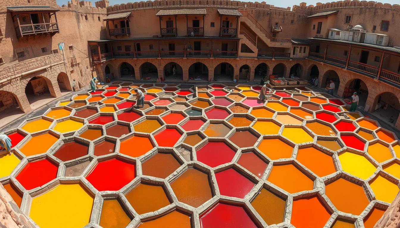 Panoramic view of the ancient Chouara Tannery in Fez with colorful dyeing vats and craftsmen at work