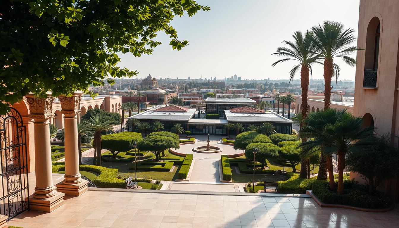 A sprawling campus nestled in the heart of El Jadida, showcasing the region's architectural marvel. In the foreground, a grand entrance adorned with intricate ironwork and towering columns, leading visitors into a meticulously manicured courtyard. Sunlight filters through the lush foliage, casting a warm glow on the polished tiles and verdant gardens. In the middle ground, various modern facilities emerge, seamlessly blending traditional and contemporary design elements. Sleek glass facades, clean lines, and strategic placement of benches and walkways prioritize accessibility and comfort for all. The background reveals the city's skyline, a harmonious blend of historic structures and innovative architecture, creating a sense of timeless elegance. This image captures the essence of the site's facilities, inviting exploration and discovery.
