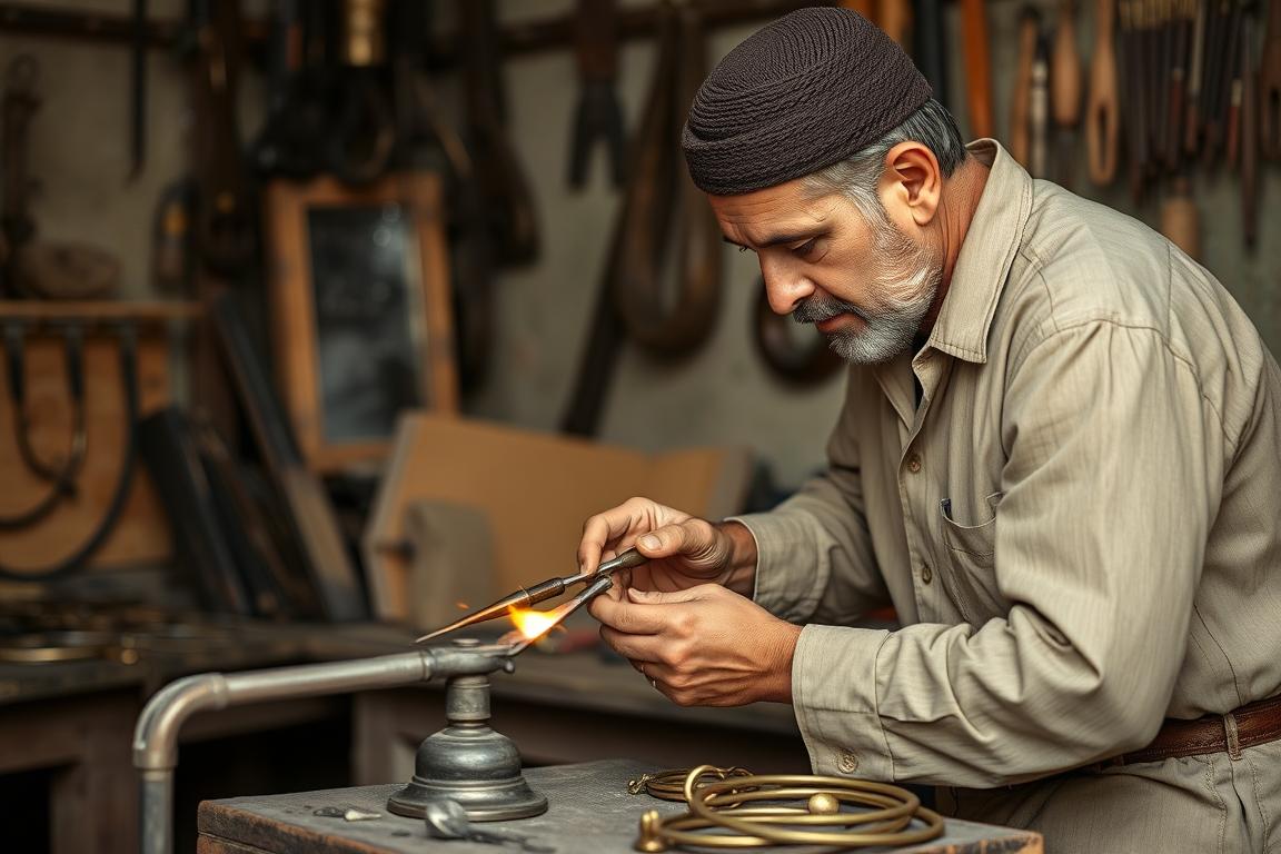Yousef Tahiri demonstrating traditional metalworking techniques for decorative elements on Moroccan bridles
