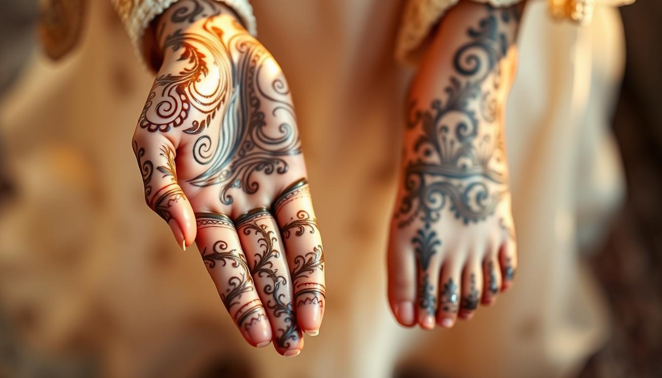 Intricate henna designs adorn the hands and feet of a Moroccan bride, a vibrant display of pre-wedding traditions. Delicate patterns swirl and spiral, creating a mesmerizing tapestry of organic forms. Warm, golden light bathes the scene, casting a soft, ethereal glow. The bride's hands are gently cupped, showcasing the artistry of the henna application. Her feet are positioned in a relaxed, natural pose, highlighting the ornate designs that climb up her ankles. The background is blurred, placing the focus squarely on the exquisite henna work, a symbolic representation of the bride's beauty and the cultural significance of this pre-wedding ritual.