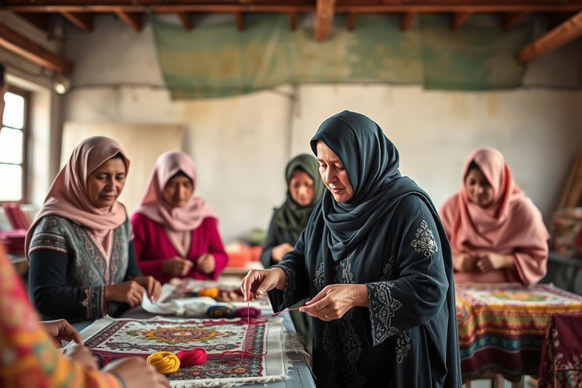 Fatima Zahra Bennani teaching young women traditional embroidery techniques for horse blankets at her cooperative in Rabat