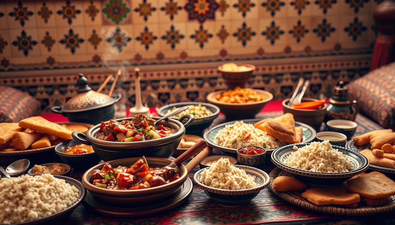 A lavish spread of traditional Moroccan dishes, artfully arranged on a low, ornate table against a backdrop of intricate tile work and colorful textiles. In the foreground, a steaming tagine, its fragrant stew brimming with tender meat, vibrant vegetables, and fragrant spices. Alongside, platters of fluffy couscous, fragrant mint tea, and assorted Moroccan breads and pastries. Diffused, warm lighting casts a golden glow, highlighting the rich textures and vibrant hues of the sumptuous feast. The scene evokes the opulent, sensory-immersive dining experience of a Marrakesh riad, inviting the viewer to savor the enchanting flavors of Moroccan cuisine.