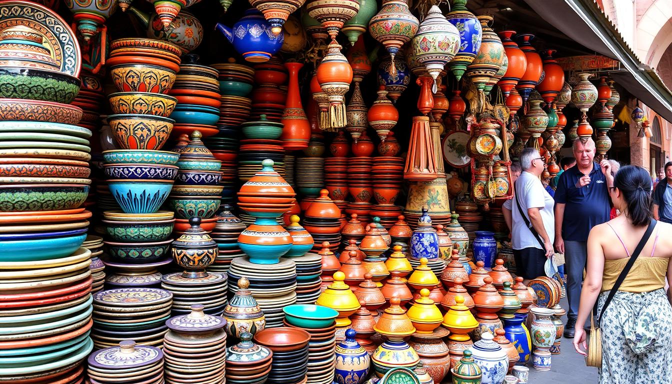 Pottery displays in Marrakech souk, showing commercial aspect of pottery industry in Morocco