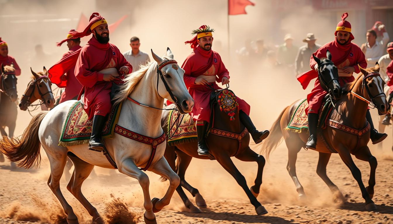 Moroccan horsemen in traditional attire participating in a Fantasia celebration with decorated horses