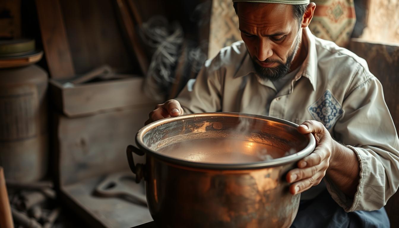 Artisan applying traditional tin lining to the interior of a Moroccan copper pot over fire