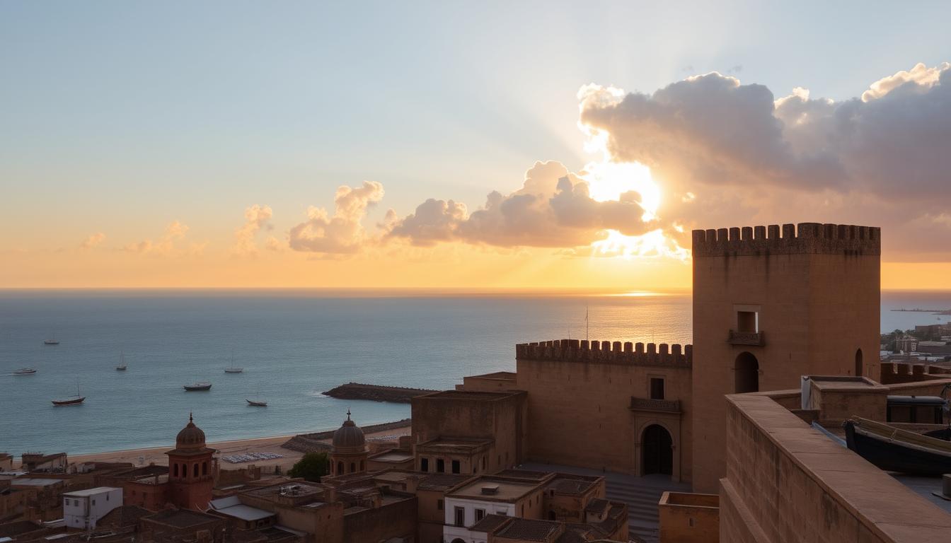 A picturesque view of the historic Portuguese city of El Jadida, with its iconic Citadel and the surrounding coastal landscape. In the foreground, the city's old town unfolds, showcasing its distinctive Moorish and Portuguese architectural elements, such as the famous Mazagan Gate. The middle ground features the shimmering waters of the Atlantic Ocean, dotted with traditional fishing boats. In the background, the horizon is dominated by a dramatic cloudscape, illuminated by a warm, golden sunset glow. The scene evokes a sense of timeless elegance and cultural heritage, perfectly capturing the essence of this UNESCO World Heritage site.