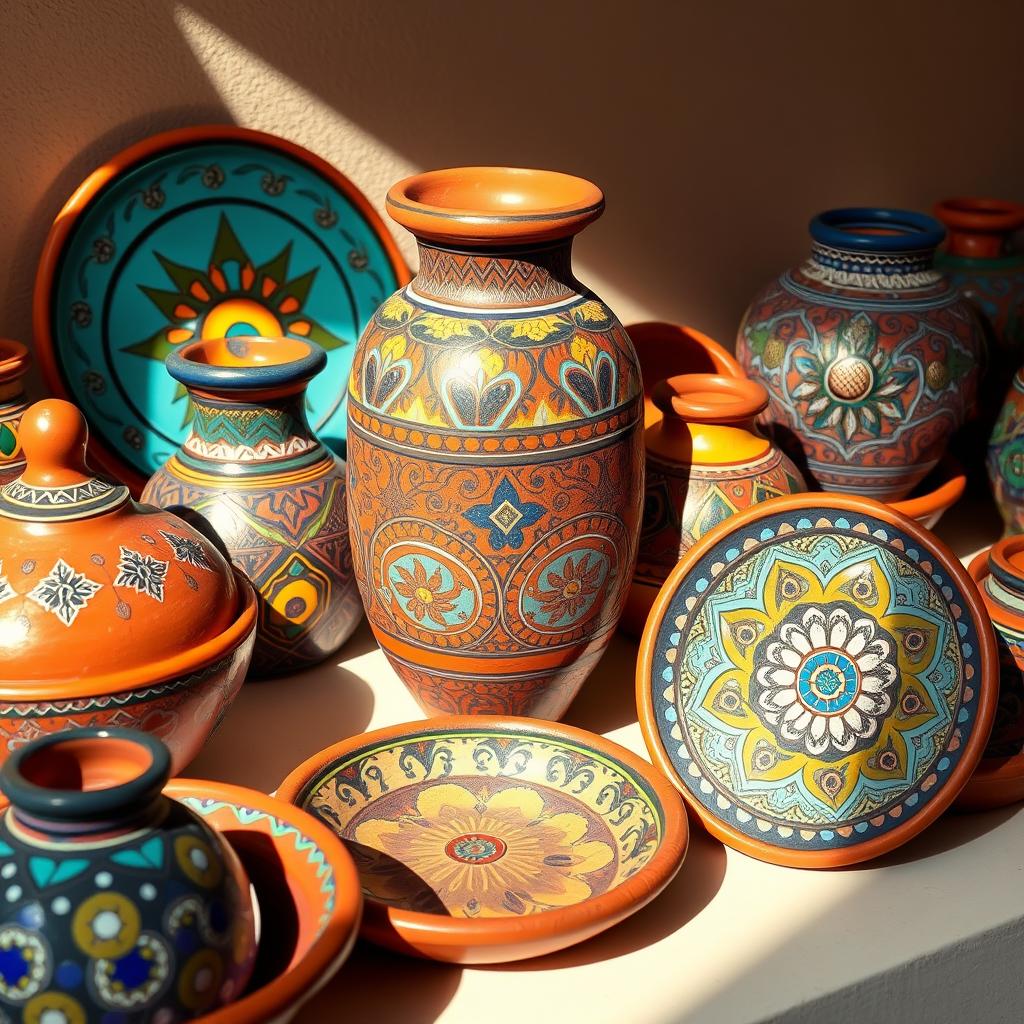 Colorful pottery from Safi with metal inlays, showcasing pottery industry in Morocco techniques