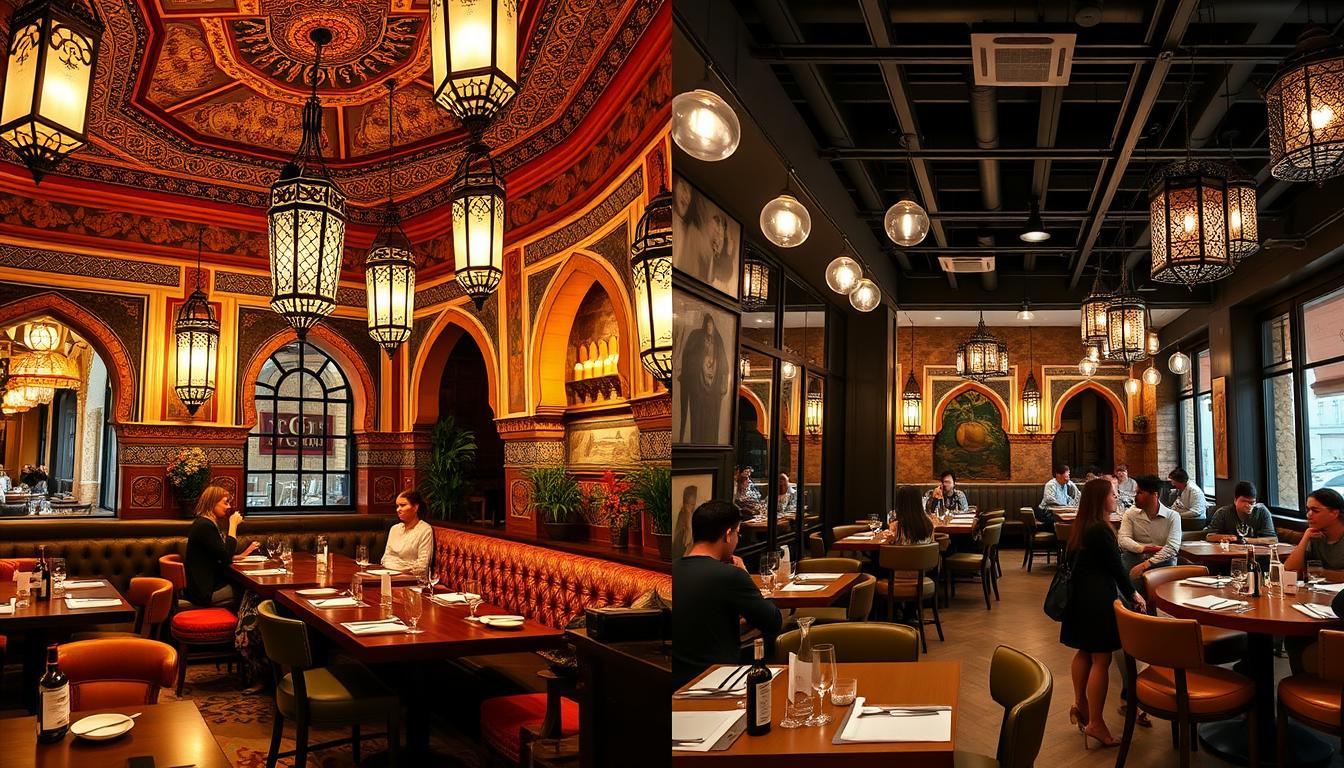 Comparison of traditional and modern Moroccan restaurant interiors in New York