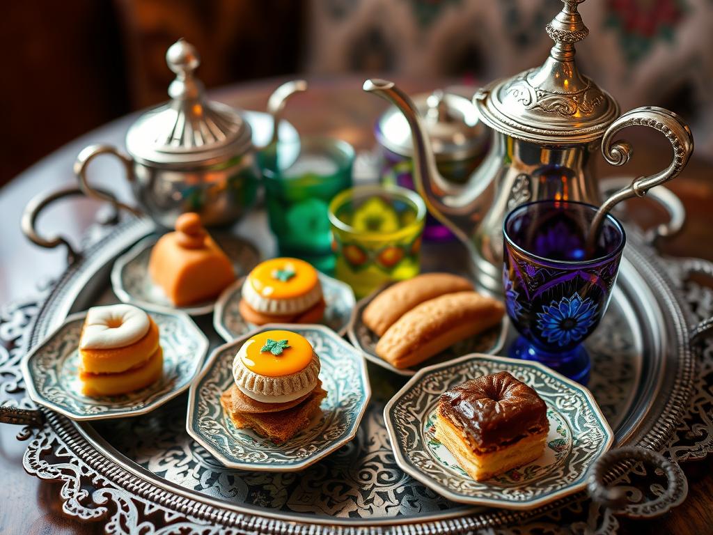Traditional Moroccan pastries and mint tea service at Casablanca restaurant