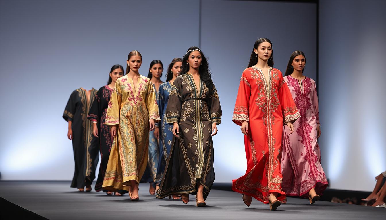 Fashion runway showing modern Moroccan caftan designs by contemporary designers