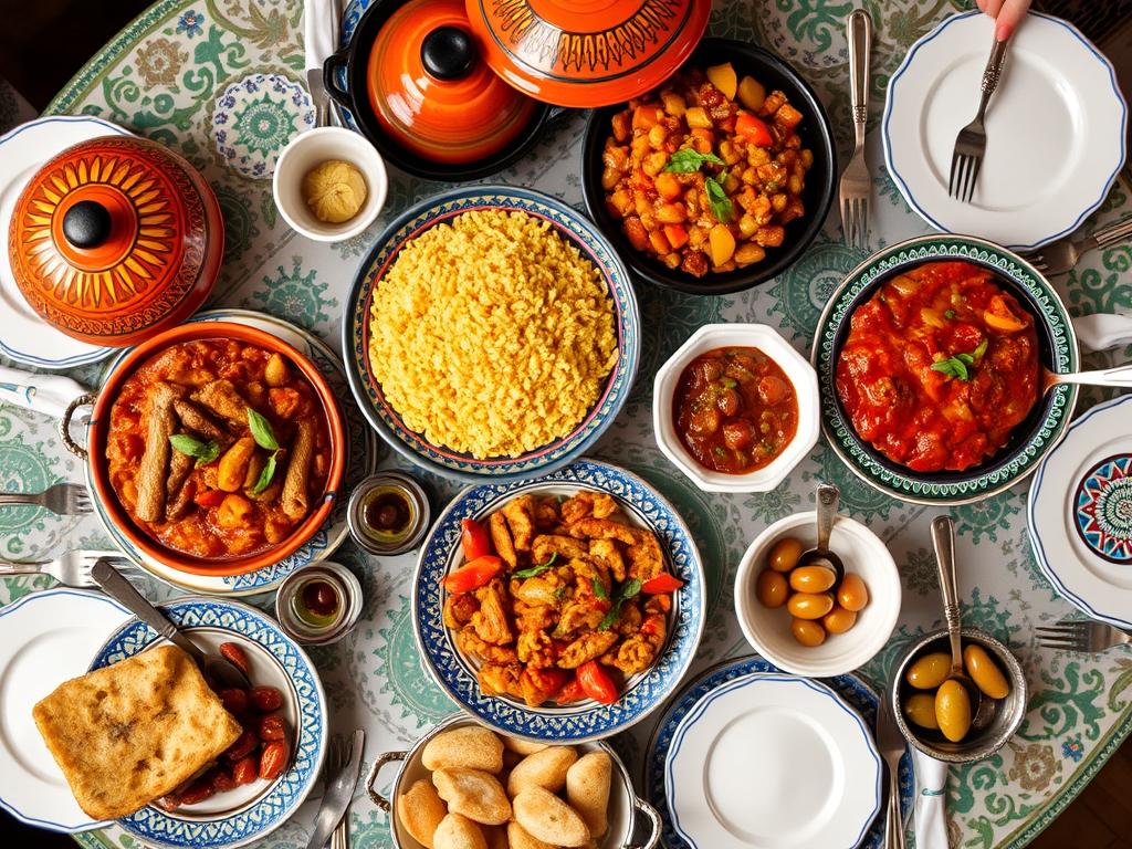 Elaborate Moroccan feast with multiple tagines at Marrakech Moroccan Restaurant