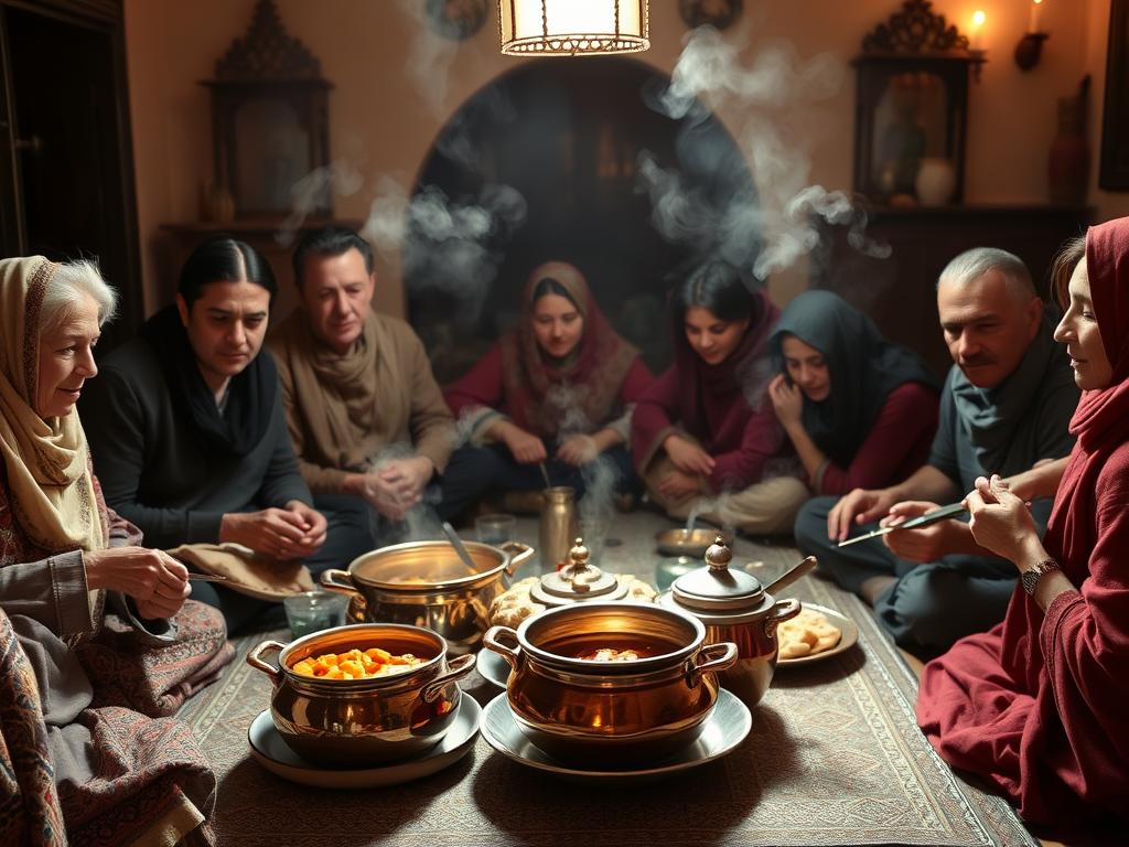 Moroccan family gathered around traditional meal served in copper pots