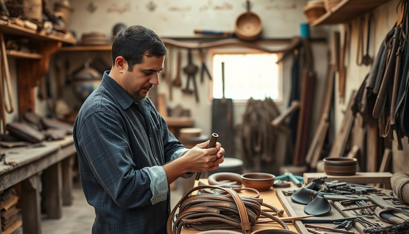 Modern Moroccan craftsman creating traditional equestrian gear using ancient techniques in a contemporary workshop