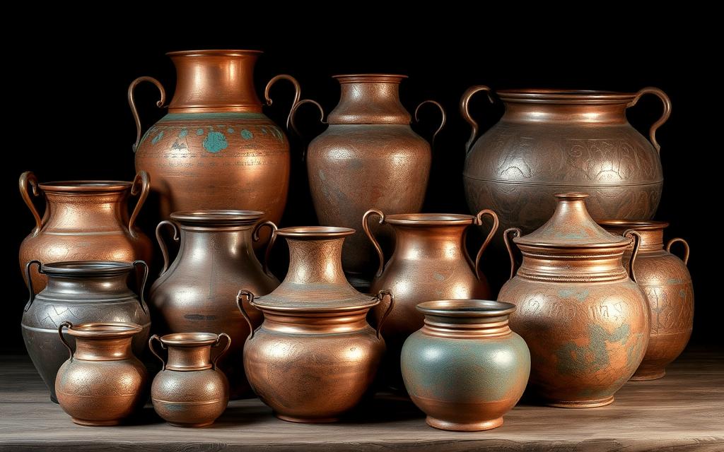 Collection of Moroccan copper pots with varying patinas showing how copper ages beautifully over time