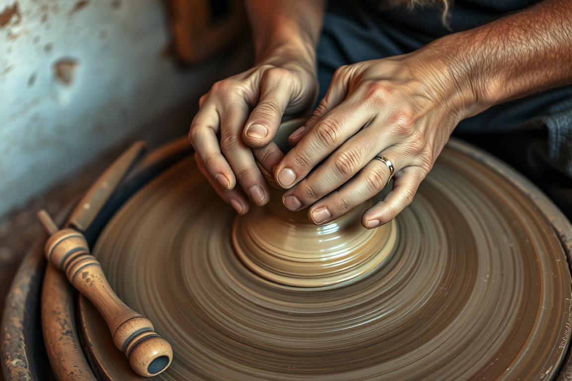 Moroccan potter using traditional wheel techniques in a pottery industry in Morocco workshop