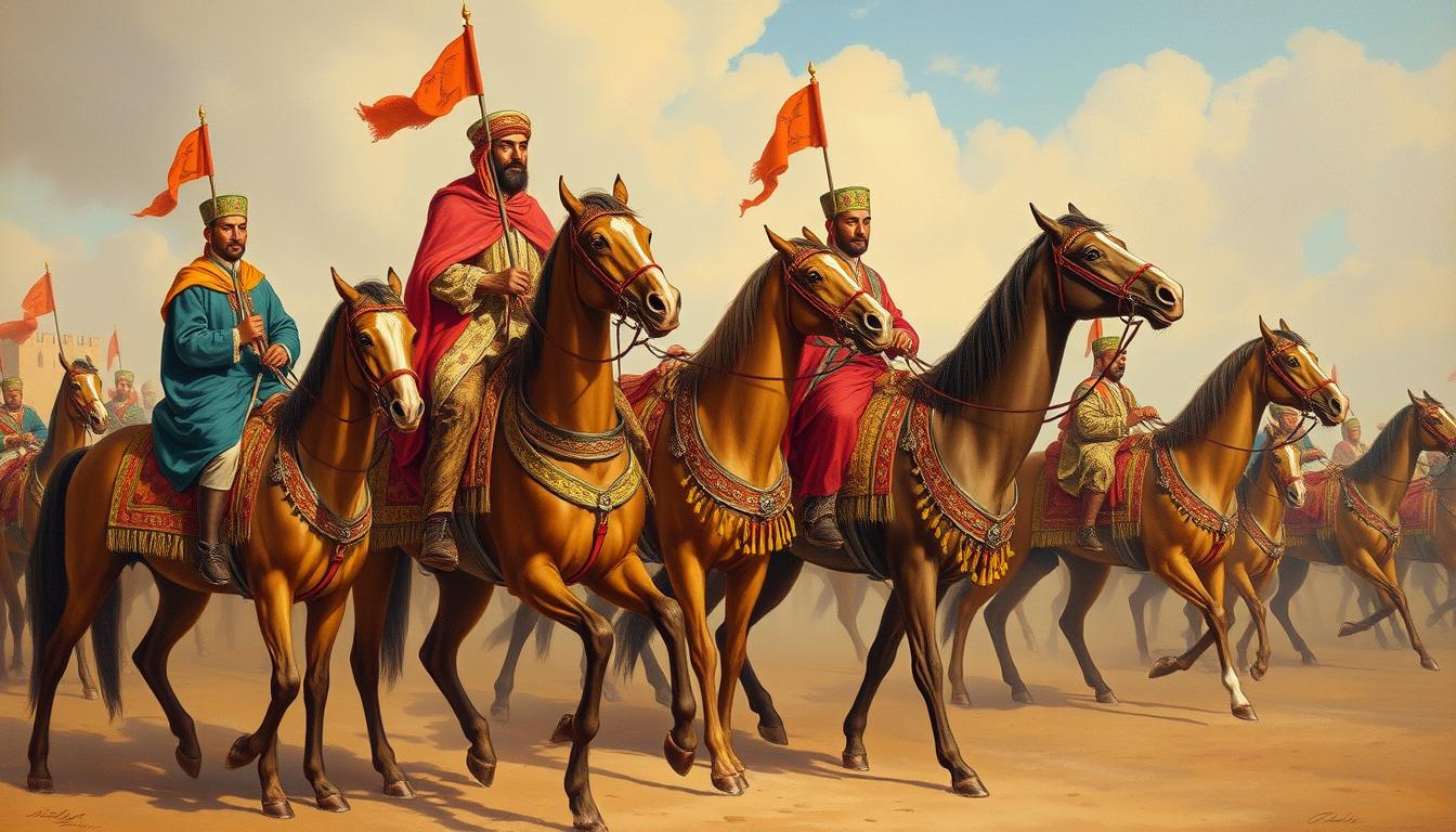 Historical painting depicting Moroccan horsemen with traditional gear during a Fantasia celebration