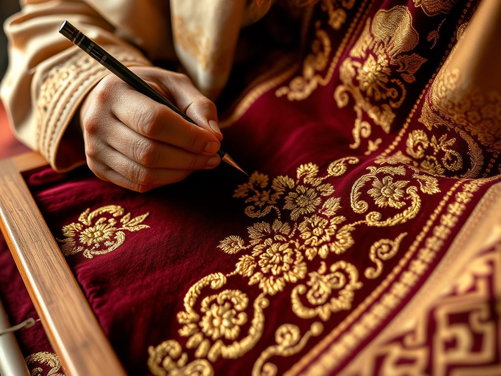 Moroccan artisan hand-embroidering a caftan with gold thread using traditional techniques