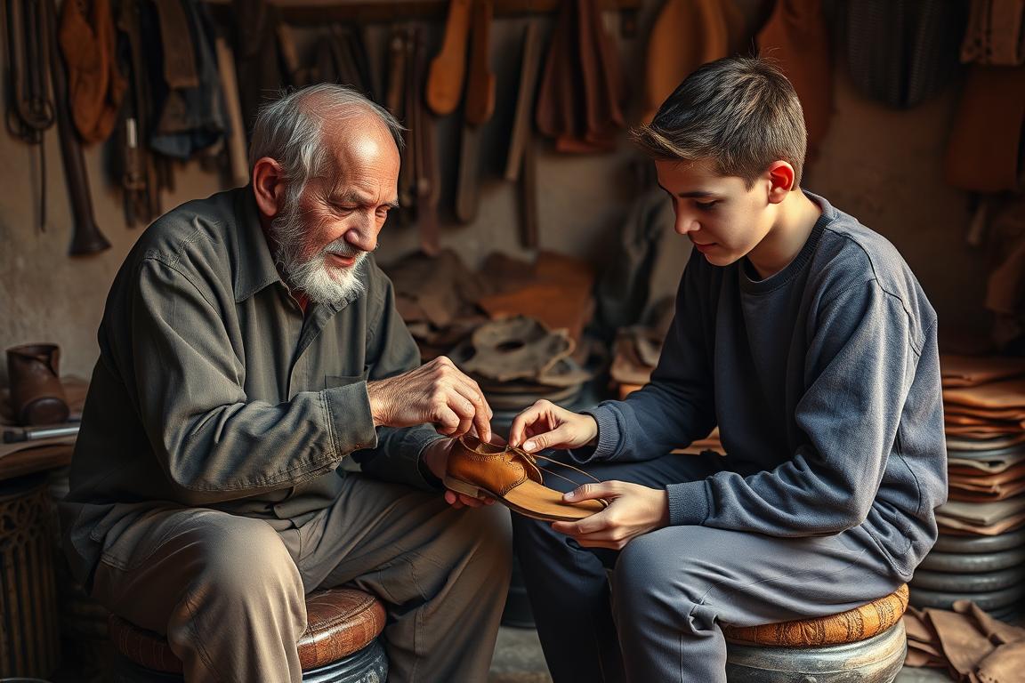 Young apprentice learning Balgha making techniques from a master craftsman in Fez