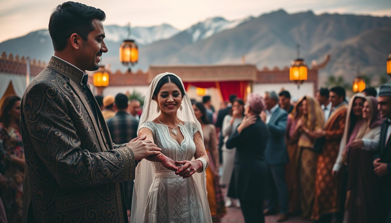 A vibrant Moroccan wedding celebration unfolds, capturing the essence of the broader festivities. In the foreground, a stately groom adorned in a brocade kaftan stands beside his radiant bride, her intricate henna-patterned hands gently entwined with his. Surrounding them, a lively crowd of guests sway to the rhythmic beat of traditional Berber music, their ornate djellabas and kaftans swirling in a colorful dance. In the middle ground, an ornate wedding tent with intricate Zellige tilework provides a stunning backdrop, its lanterns casting a warm, golden glow. In the distance, the majestic Atlas Mountains rise, their snow-capped peaks a serene contrast to the vibrant celebration below. The scene is bathed in soft, diffused lighting, capturing the timeless elegance and cultural richness of a Moroccan wedding.
