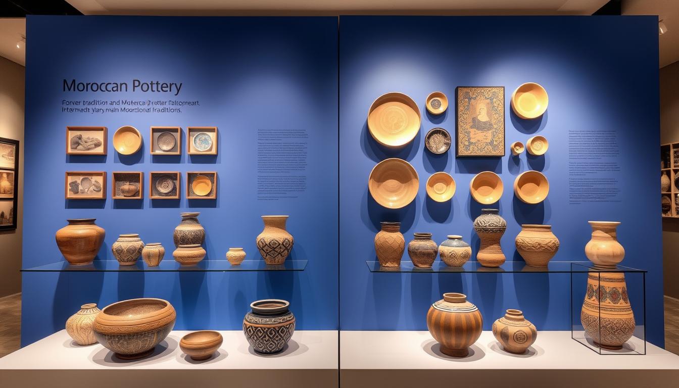Modern and traditional Moroccan pottery displayed together, representing the evolution of pottery industry in Morocco