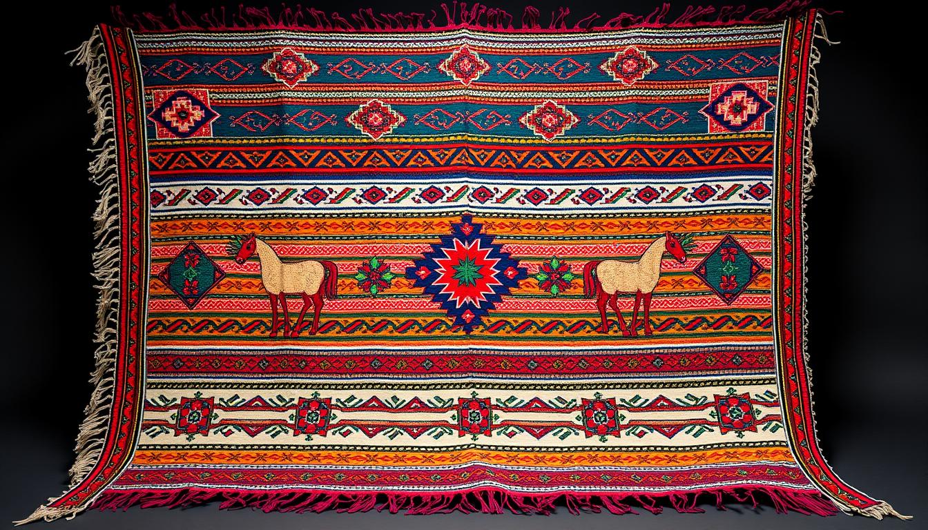 Colorful traditional Moroccan horse blanket with geometric patterns and symbolic motifs