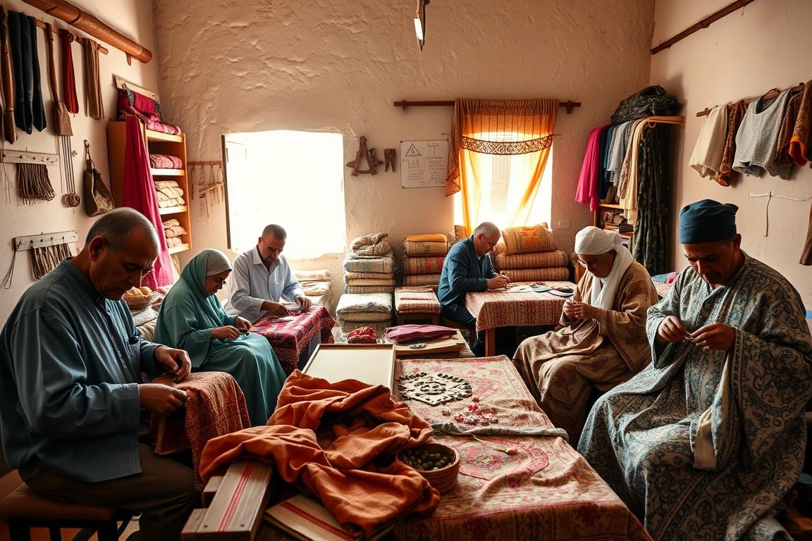 Workshop showing multiple artisans working together on different stages of caftan creation