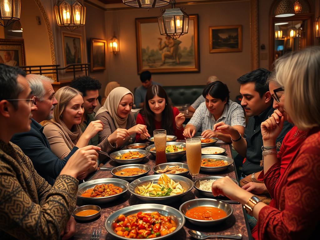 Diners enjoying a traditional Moroccan meal with proper etiquette at a New York restaurant
