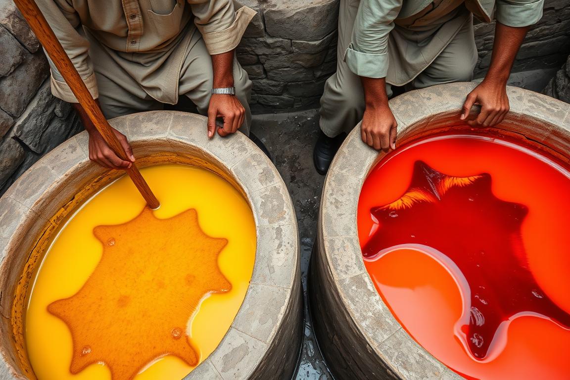 Craftsmen in Fez leather Balgha making process showing the natural dyeing technique