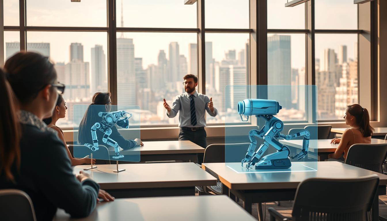 A sunny, modern classroom setting, with floor-to-ceiling windows overlooking a bustling city skyline. In the foreground, a group of students intently studying holographic displays of robotic systems, their faces illuminated by the soft glow of the screens. In the middle ground, an instructor gestures enthusiastically, explaining the features and capabilities of the latest AI-powered robotic technology. The background is filled with sleek, futuristic desks and chairs, creating an atmosphere of innovation and cutting-edge education. Warm, directional lighting casts dramatic shadows, emphasizing the sense of depth and technical focus within the space.