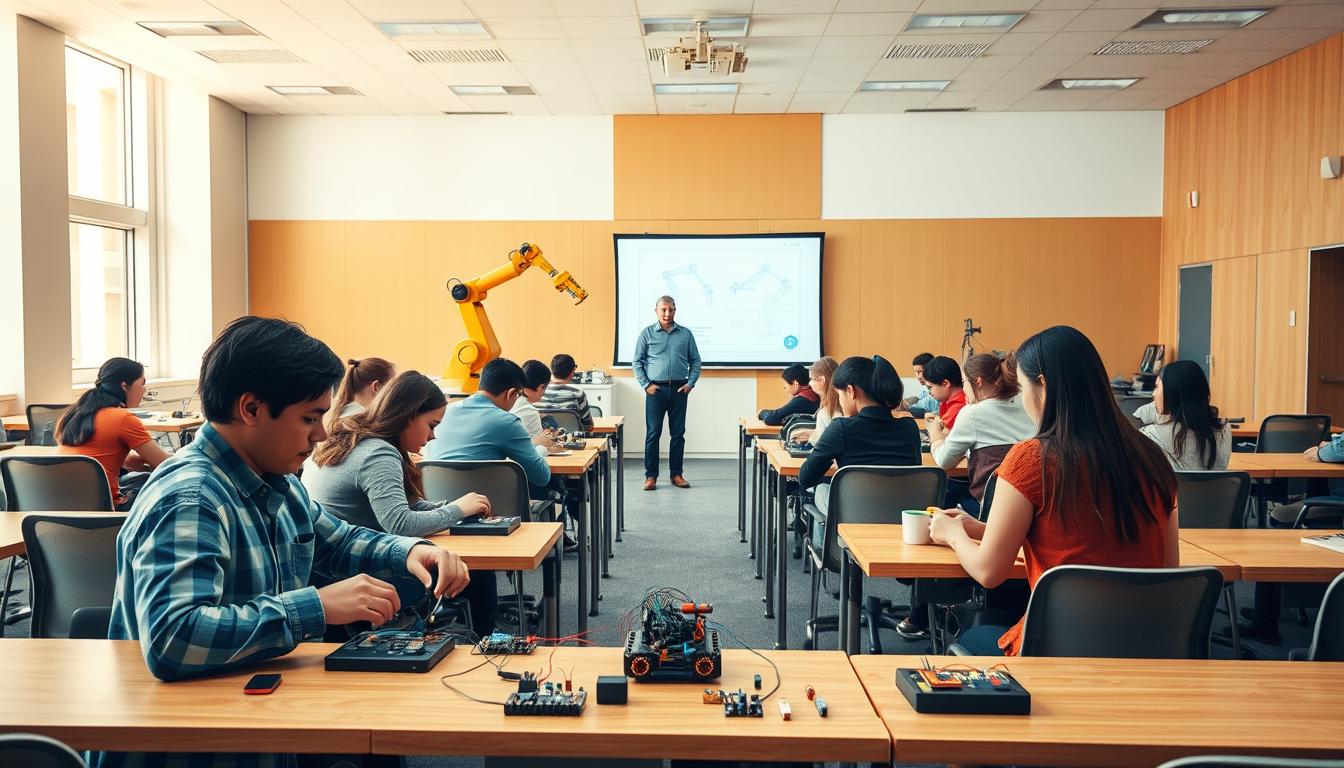 A bright, modern classroom filled with rows of desks and chairs. In the foreground, a group of students are engaged in a hands-on robotics demonstration, their faces lit with excitement as they tinker with circuit boards and components. In the middle ground, an instructor stands at the front of the class, guiding the students through the process step-by-step, using clear diagrams and visual aids projected on a large screen behind them. The background features gleaming robotic arms and high-tech equipment, hinting at the advanced capabilities students will learn to harness in this AI robotics engineering course. Warm, natural lighting fills the space, creating a welcoming and inspirational atmosphere for the prospective students.