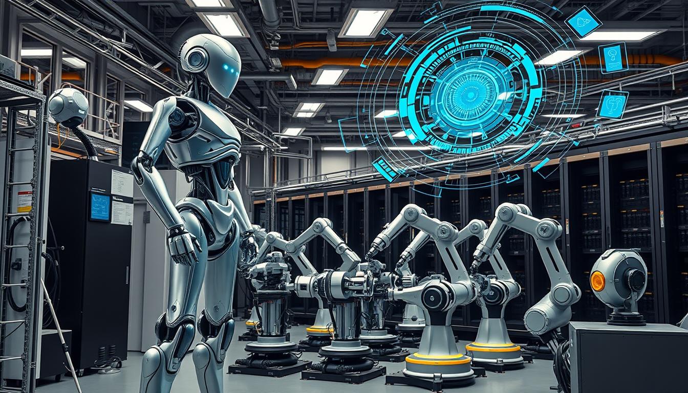 A high-tech laboratory filled with advanced robotics equipment and AI-powered control systems. In the foreground, a bipedal humanoid robot stands tall, its sleek metallic frame and articulated limbs showcasing the latest advancements in robotics engineering. Swirling holographic displays and diagnostic readouts hover in the air, providing real-time insights into the robot's performance. The middle ground features a cluster of robotic manipulators, their mechanical arms deftly assembling and calibrating intricate components. In the background, a vast array of servers and computing hardware hums with the processing power required to run the complex AI algorithms that power these sophisticated robotic systems. The overall scene conveys a sense of cutting-edge innovation, scientific precision, and the seamless integration of artificial intelligence and robotics.