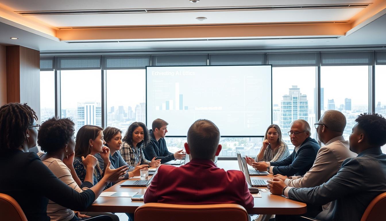 A group of diverse individuals sitting around a conference table, engaged in a lively discussion. The room is well-lit with a warm, inviting atmosphere, conveying a sense of thoughtful contemplation. In the foreground, people of various ages, genders, and ethnicities lean in, gesturing animatedly as they voice their perspectives. The middle ground reveals a high-tech display, projecting data visualizations and information on the topic of AI ethics. In the background, large windows offer a view of a bustling city skyline, hinting at the broader societal implications of the discussion. The scene captures the essence of an inclusive, intellectual discourse on the ethical considerations of AI in modern society.