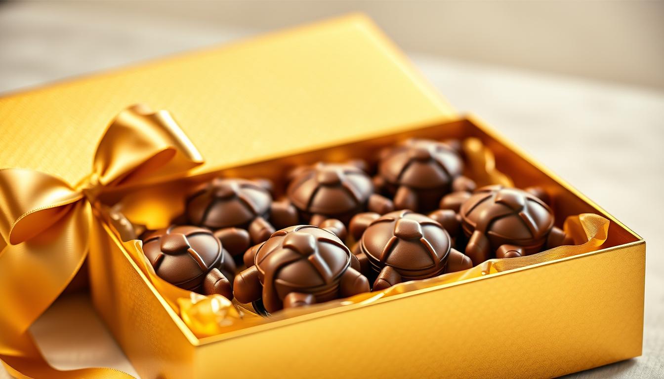 A delicate and elegant chocolate turtle gift set, nestled in a luxurious gold-toned box with a ribbon accent. The artfully molded chocolate turtles, their rich cocoa hues contrasting with the shimmer of the packaging, are arranged in a visually captivating display. Soft, diffused lighting from above casts a warm glow, highlighting the intricate details and the smooth, glossy finish of the confections. The overall presentation evokes a sense of indulgence and premium craftsmanship, perfect for gifting or treating oneself to the finest chocolate turtles.