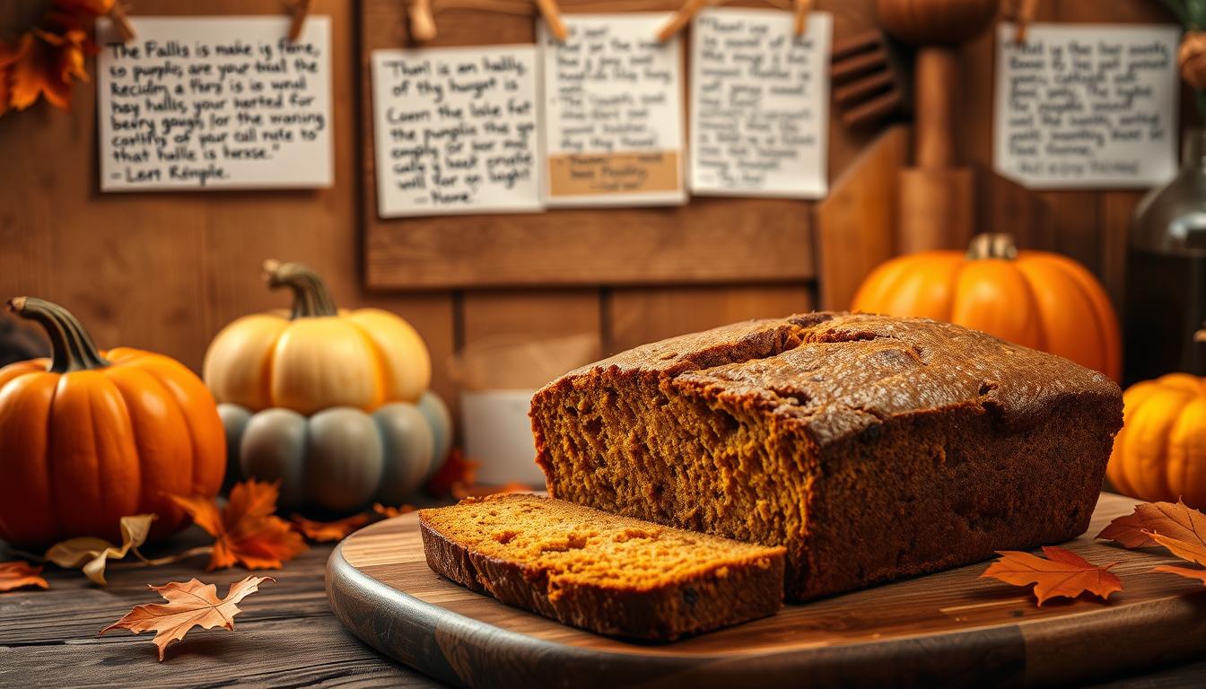 A cozy, rustic kitchen scene showcasing a freshly baked loaf of pumpkin bread on a wooden table. The bread is surrounded by fall-themed decorations, such as pumpkins, leaves, and a warm, autumnal color palette. Soft, directional lighting casts a gentle glow, highlighting the rich, moist texture of the bread and the inviting aroma wafting through the air. In the background, handwritten customer reviews and testimonials are pinned to a cork board, reflecting the popularity and delight this beloved recipe has brought to many homes.