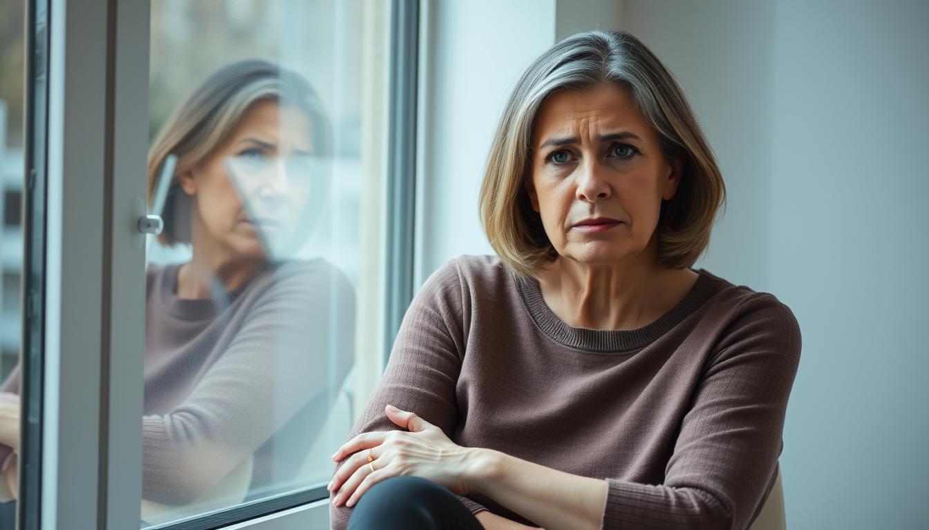 Woman experiencing emotional symptoms of menopause looking thoughtful by a window
