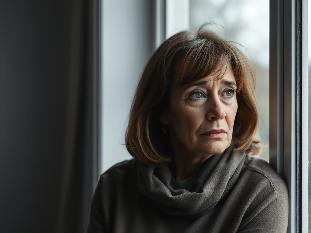 Woman experiencing sadness during menopause looking out window