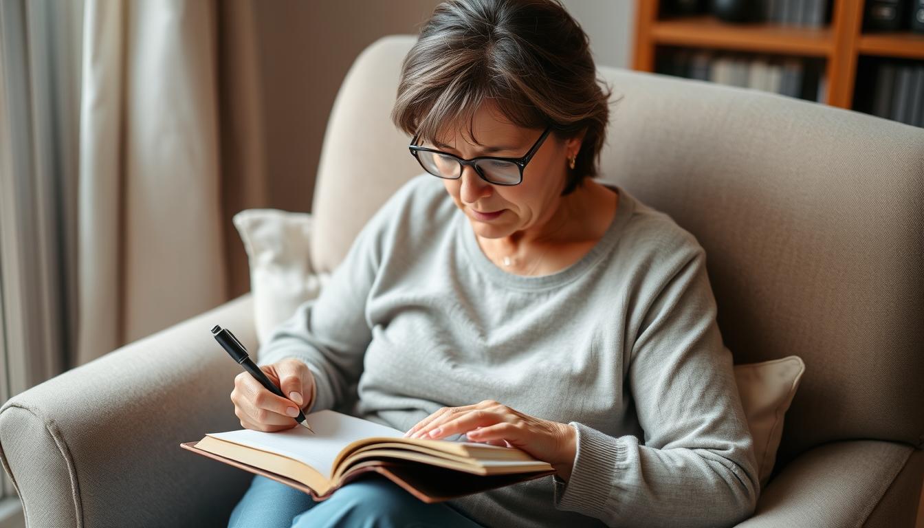 Woman tracking emotional symptoms of menopause in a journal