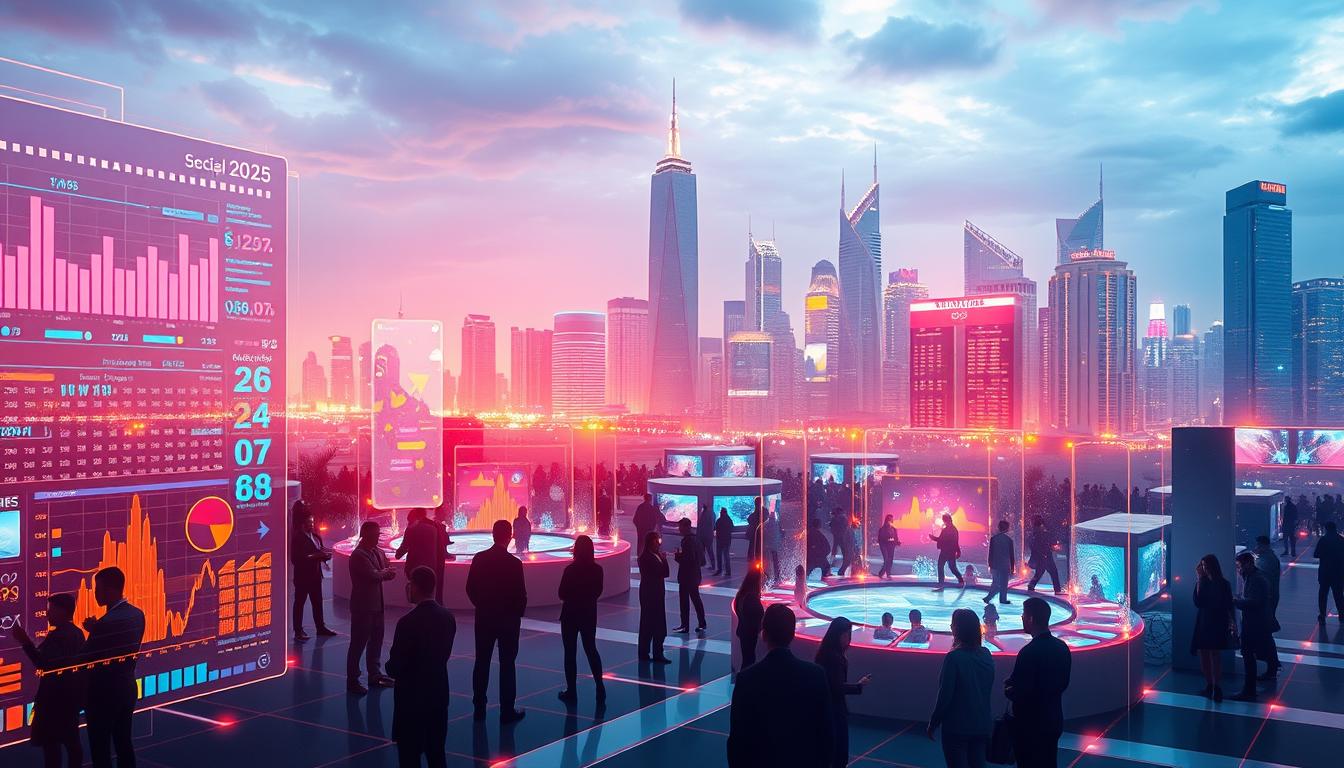 A futuristic landscape depicting the social media engagement trends of 2025. In the foreground, vibrant data visualizations and interactive holograms showcase real-time engagement metrics. The middle ground features a bustling social media hub, with users seamlessly navigating digital platforms through sleek, gesture-controlled interfaces. In the background, a skyline of towering, tech-infused skyscrapers reflects the innovation and integration of social media into the fabric of daily life. The scene is illuminated by a warm, glow-like lighting, creating an atmospheric, visually striking composition that captures the dynamic and ever-evolving nature of social media in the year 2025.